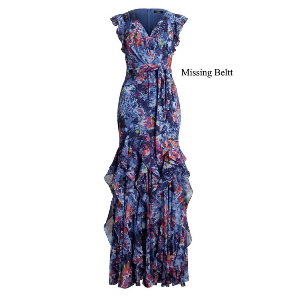 Lauren Ralph Lauren Womens Ruffle-Trim Crinkle Georgette Gown 4 Blue Multi - NWT